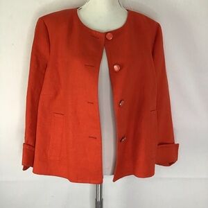 TALBOTS WOMEN DEEP BRIGHT ORANGE SCOOP NECK BUTTON DOWN 100% LINEN JACKET SZ 22W